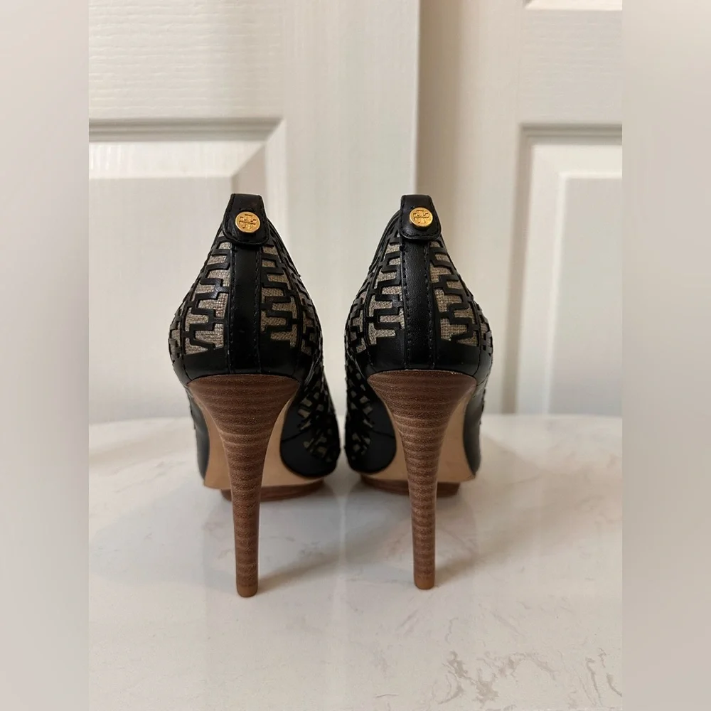 NWOT! Tory Burch Black/Beige Monogram Peep-Toe Pumps!!